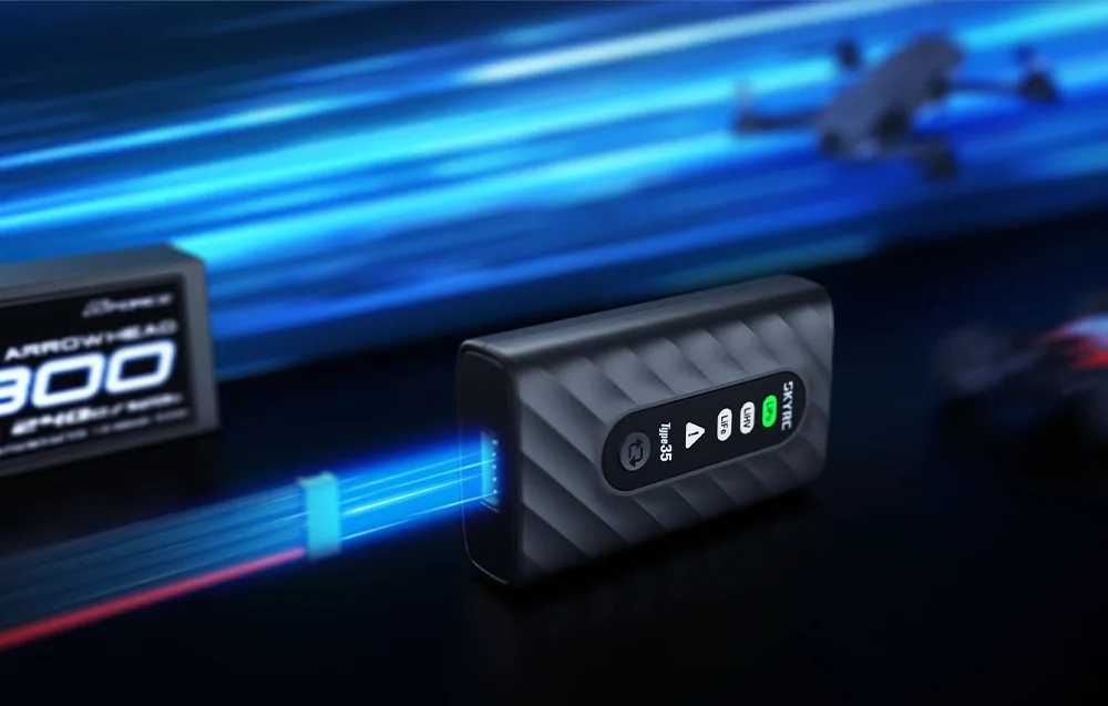 SkyRC Type35 charger charging a battery with a dynamic energy effect.