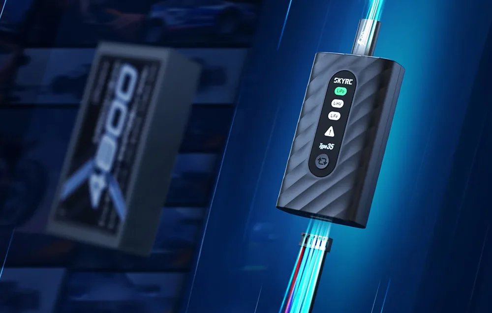 SkyRC Type35 charger connected to a battery pack via the balance connector.