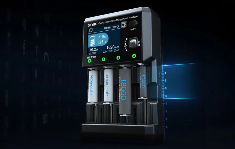 SkyRC MC5000 charger with four cylindrical batteries and display showing charging parameters