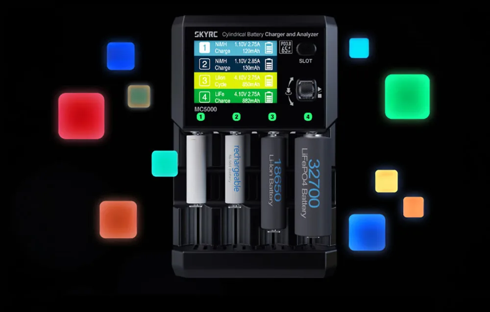 SkyRC MC5000 charger with four batteries of different sizes on a dark background with colorful icons