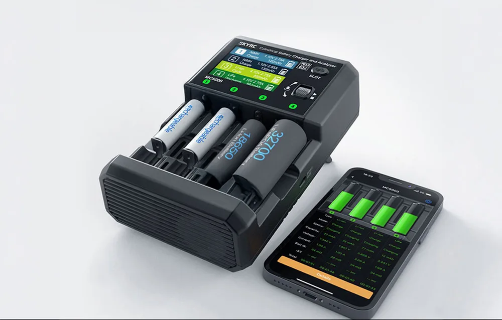 SkyRC MC5000 charger with four cylindrical batteries and a smartphone app for charge monitoring