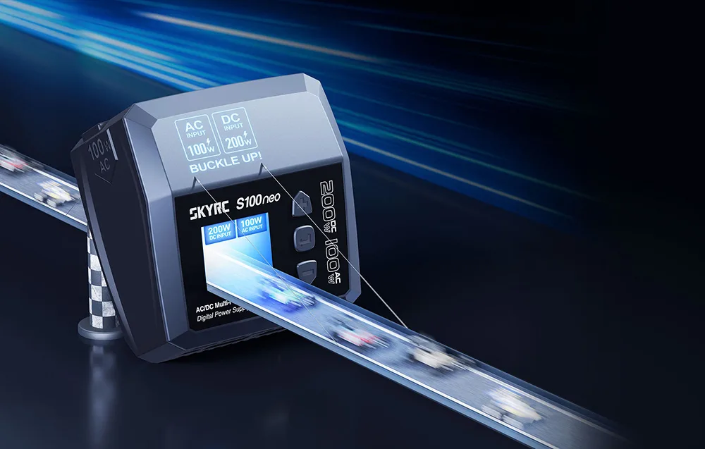 SkyRC S100neo charger with AC and DC input power illustration and racing track graphics.