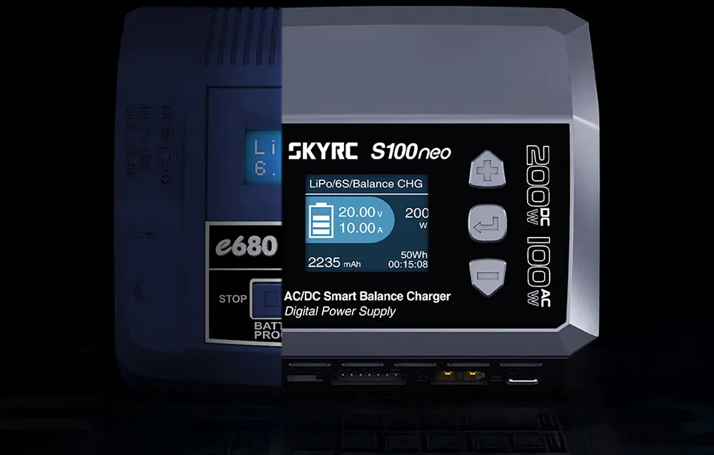SkyRC S100neo charger compared with the earlier e680 model on a dark background.
