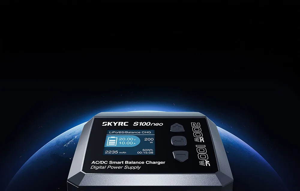 SkyRC S100neo smart charger against a space-themed Earth background.