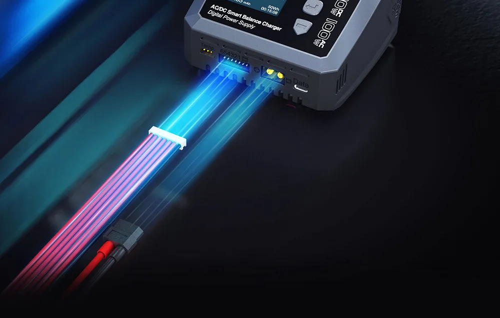 SkyRC S100neo charger with connected cable.