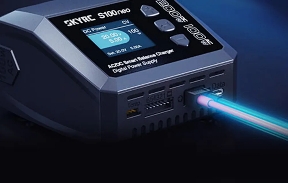 Close-up of the data port on the SkyRC S100neo charger with a connected cable.