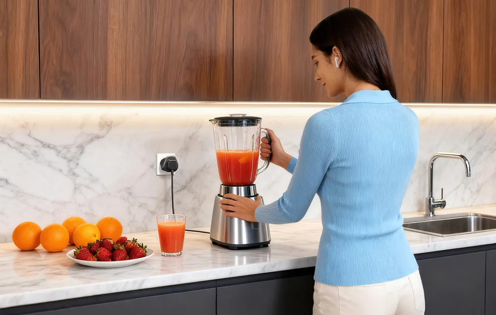 Woman using a blender connected through the UGREEN S500 universal travel adapter.