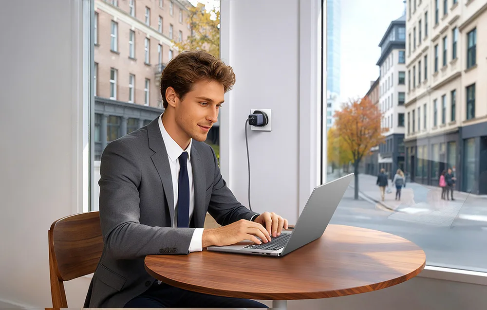 Man working on a laptop with the UGREEN S500 travel adapter connected in a nearby wall socket.