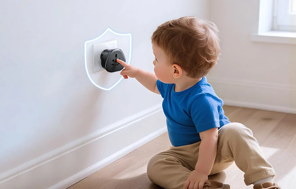 Child safety feature shown on the UGREEN S500 adapter installed in a wall socket.