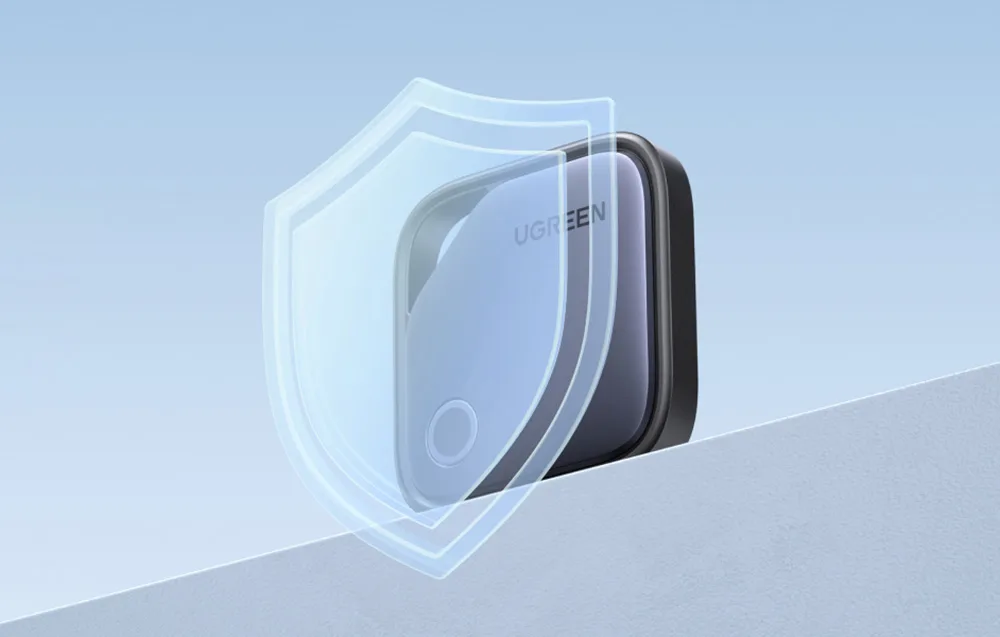 UGREEN smart tracker shown with a shield icon symbolizing protection and security.