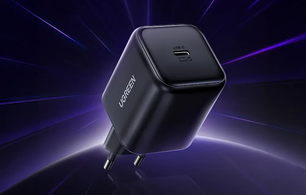 UGREEN X524 45W black USB-C wall charger on a dynamic purple background