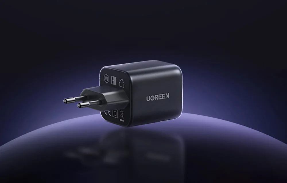 UGREEN X524 45W black USB-C wall charger shown on a dark gradient background