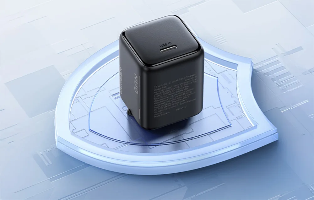 Black UGREEN 25W GaN charger with USB-C port on a blue circular platform