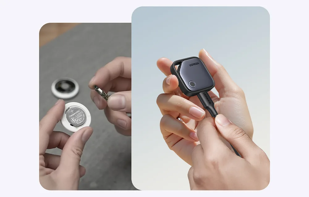 Comparison showing a CR2032 battery replacement in a round tag versus USB-C charging on the UGREEN tracker.