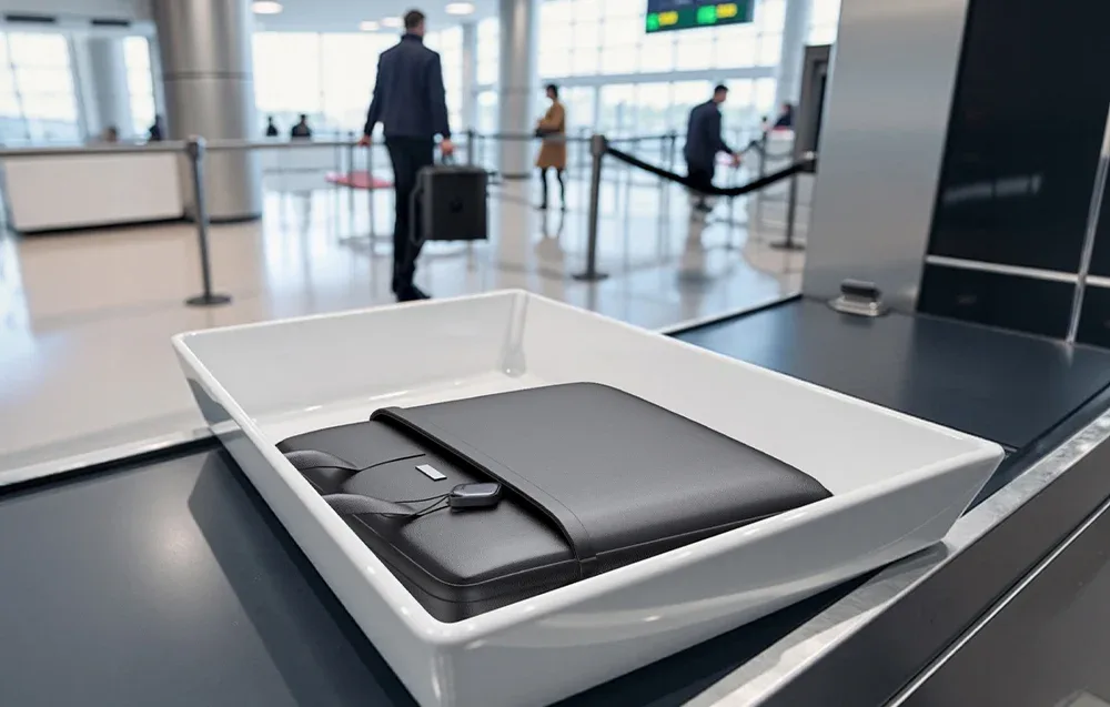 Black briefcase with a UGREEN tracker attached, placed in an airport security tray.