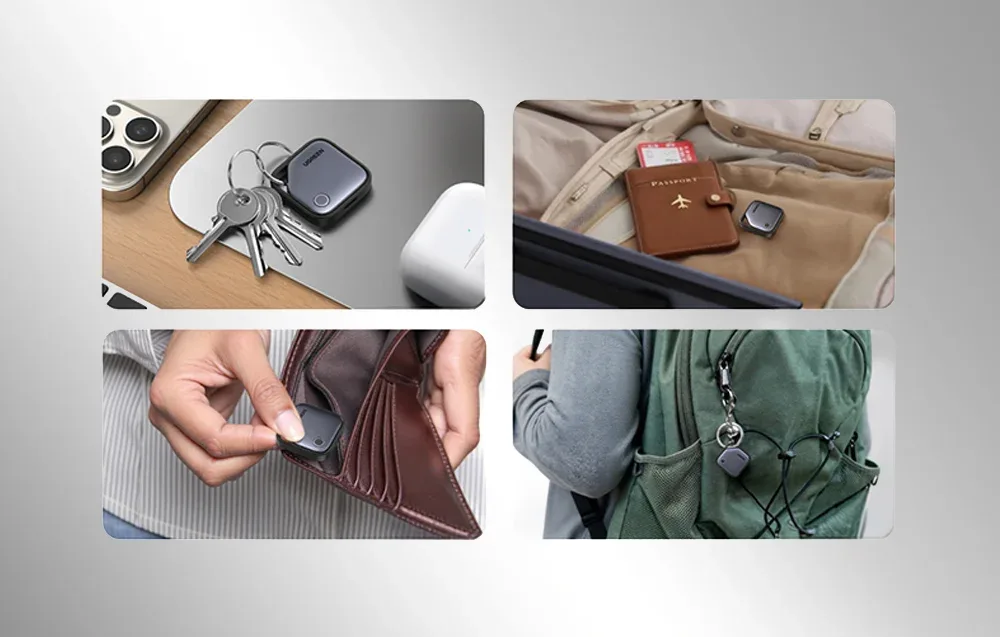 Examples of using the UGREEN Smart Finder with keys, luggage, a wallet, and a backpack.