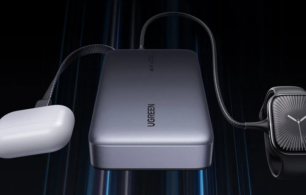 Ugreen PB550 power bank charging wireless earbuds case and smartwatch at the same time using the built-in USB-C cable.