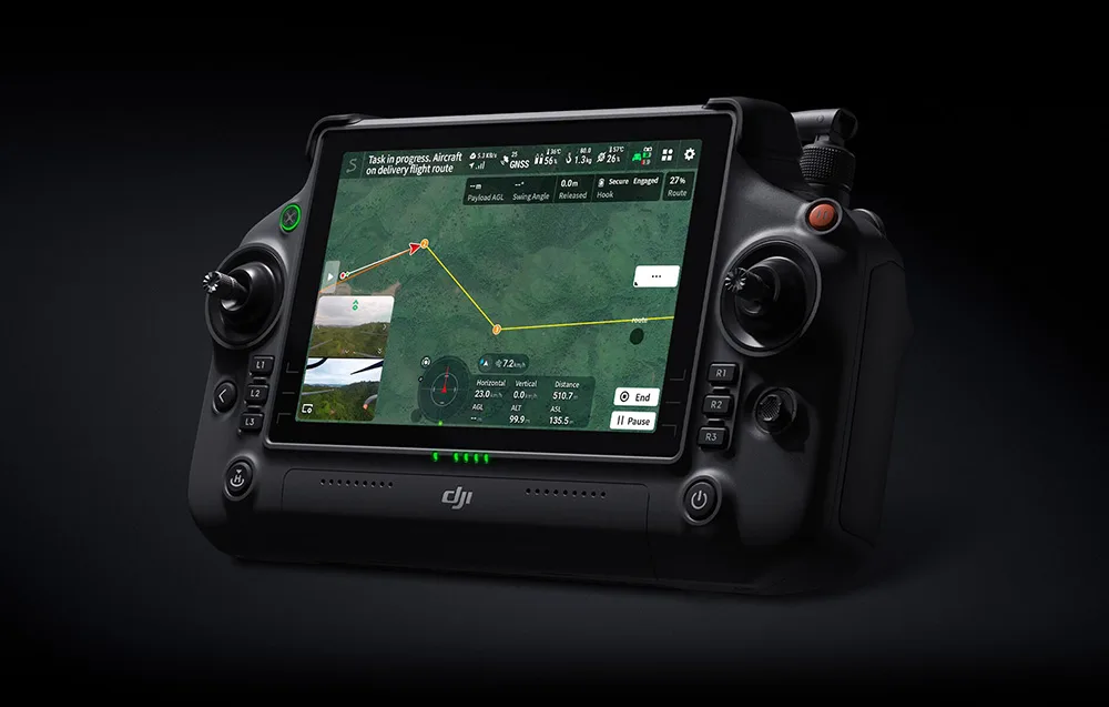 DJI RC Plus 2 controller with map interface, drone flight route, and telemetry data displayed on the screen