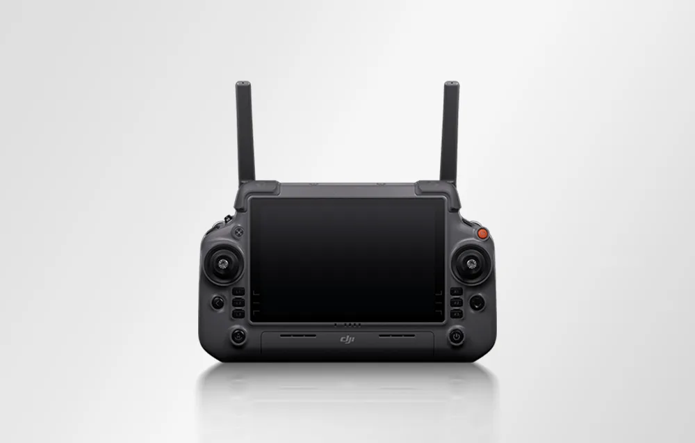Front view of the DJI RC Plus 2 professional controller with dual antennas, control sticks, and large black display