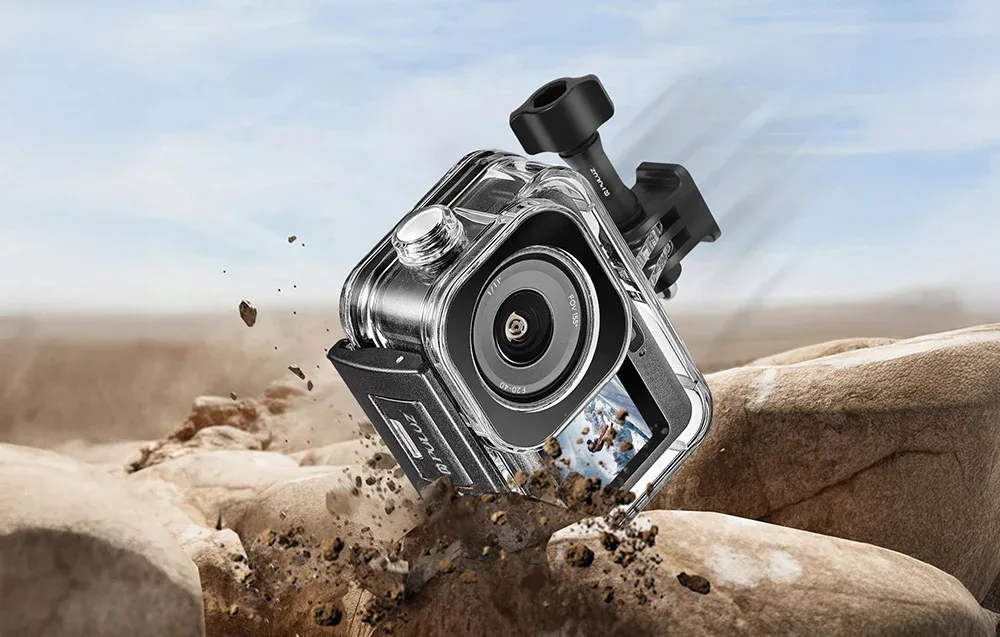 DJI Osmo Action 6 camera in Puluz waterproof protective case falling onto rocks to demonstrate impact resistance