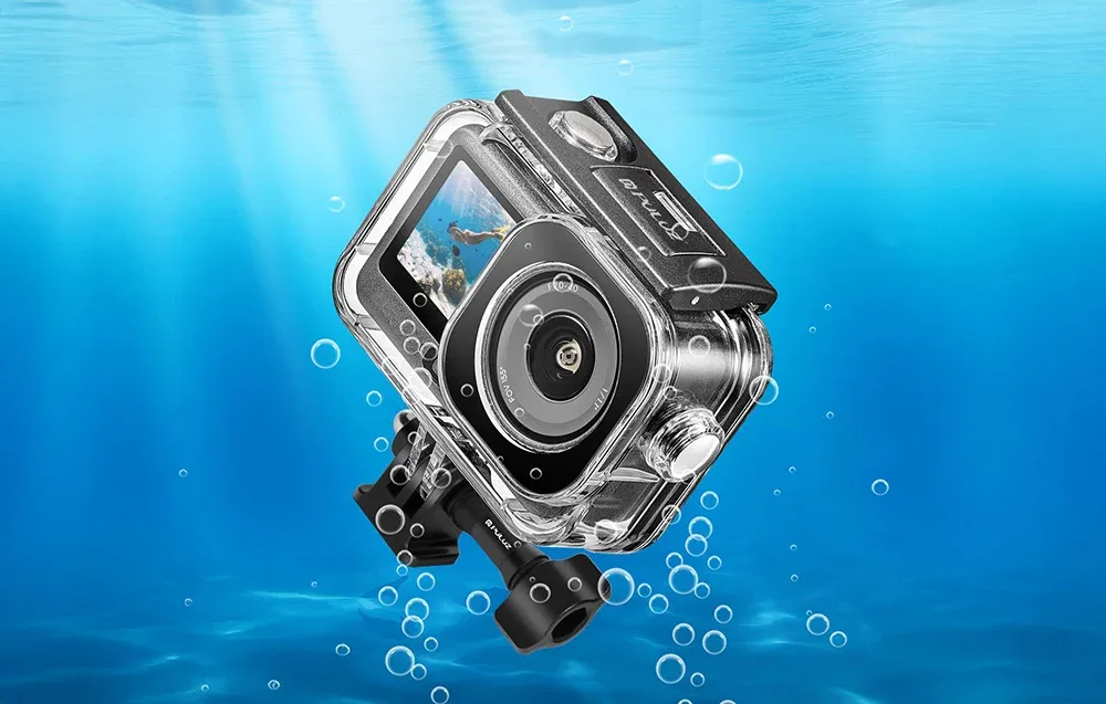 DJI Osmo Action 6 camera in a transparent Puluz waterproof diving case fully submerged underwater