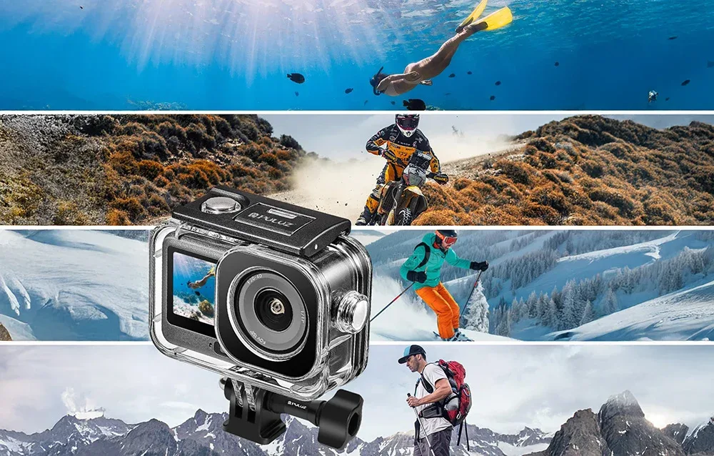 DJI Osmo Action 6 camera in Puluz protective case shown with extreme sports including diving, motocross, skiing, and trekking