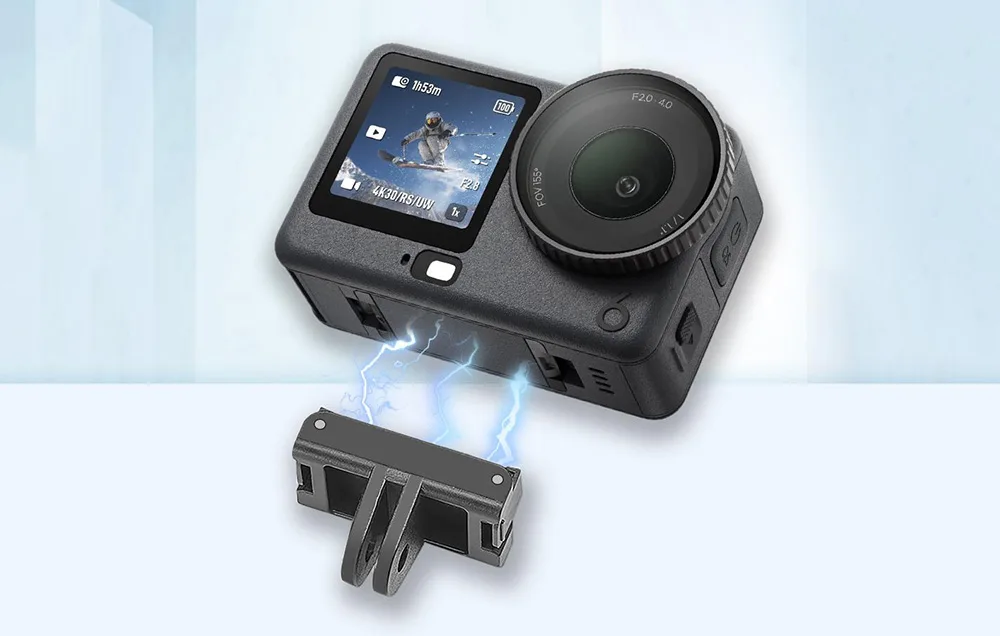 Magnetic adapter positioned under a DJI camera with visible magnetic connection effect