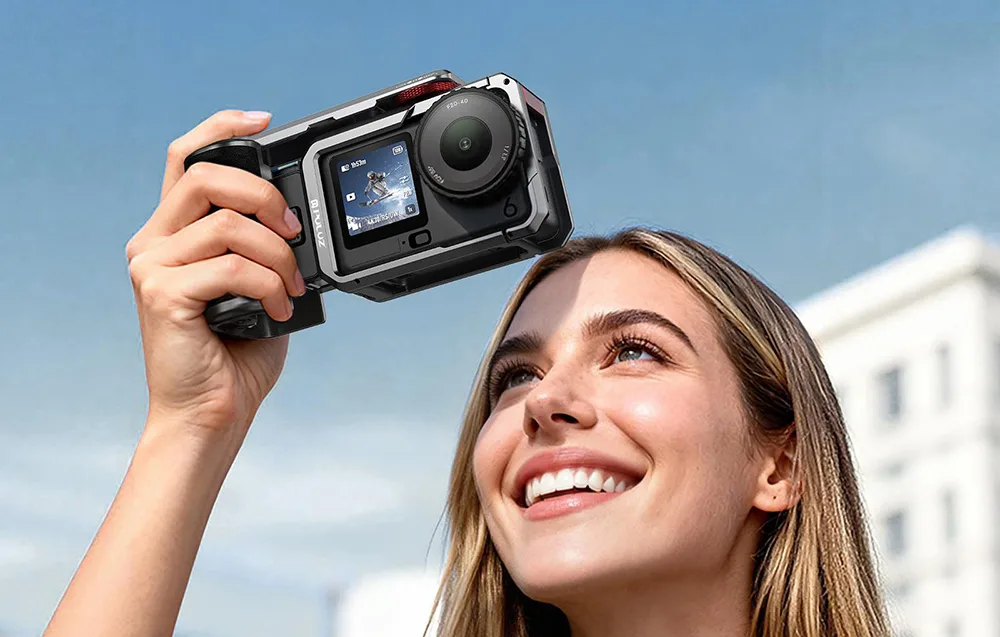 Woman holding a DJI camera in the Puluz titanium cage angled upward