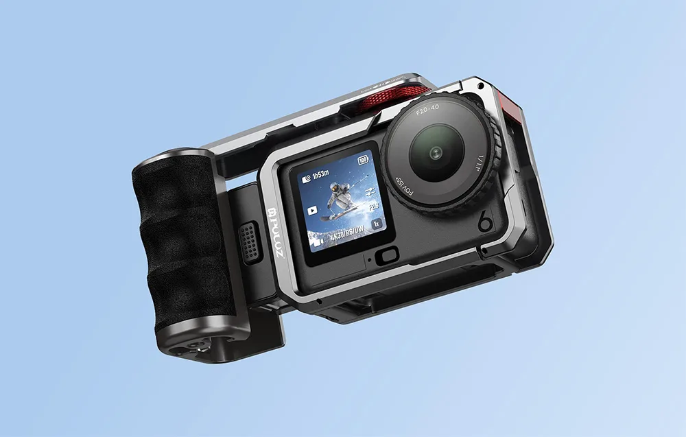 DJI camera in the Puluz titanium cage with handle on a light blue background