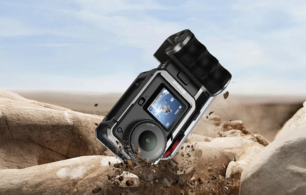 DJI camera in Puluz cage falling onto rocks to present impact resistance