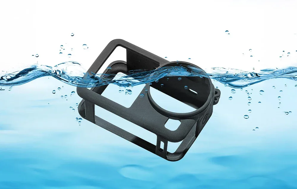 Black protective case for DJI Osmo Action 6 floating partially submerged in water