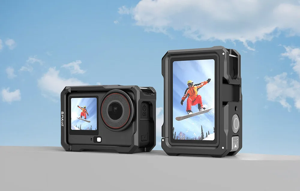 Two DJI Osmo Action cameras in black metal protective cages positioned horizontally and vertically on a light-colored ledge.