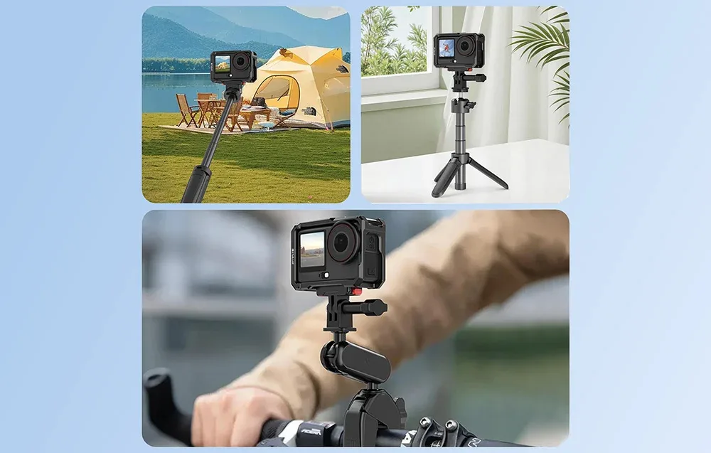 Collage showing the Puluz metal protective cage mounted on a tripod, selfie stick, and bicycle handlebar.