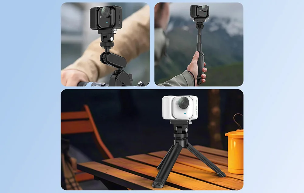 Insta360 GO Ultra camera with Puluz adapter used on handlebars, a selfie stick, and a tripod on a table