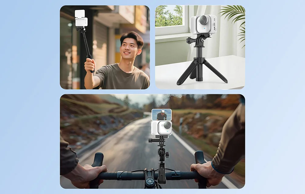Insta360 camera on a Puluz magnetic adapter used with a selfie stick, tripod, and bicycle mount