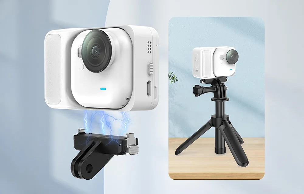 Insta360 camera positioned above the Puluz adapter with a magnetic connection effect and tripod-mounted version beside it