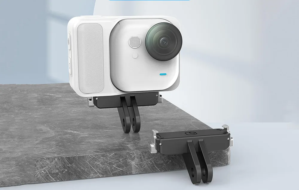 Puluz magnetic adapter mounted on an Insta360 camera placed on a stone surface