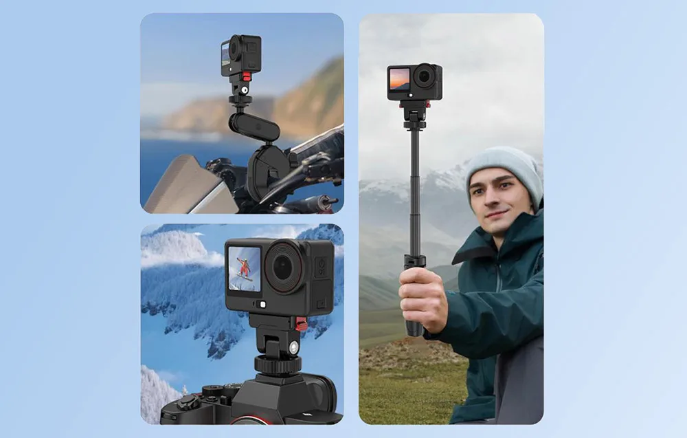 Kamera DJI zamontowana do adaptera Puluz pokazana w trzech scenariuszach