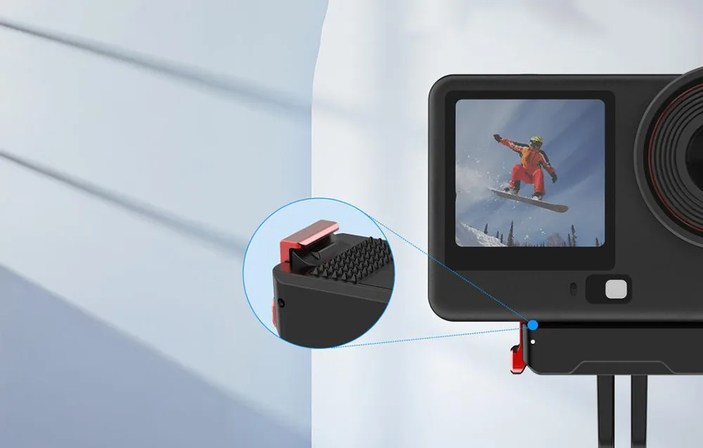 Close-up of the Puluz adapter lock with a mounted DJI camera