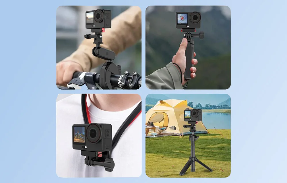 Puluz adapter with DJI camera shown in four different usage scenarios