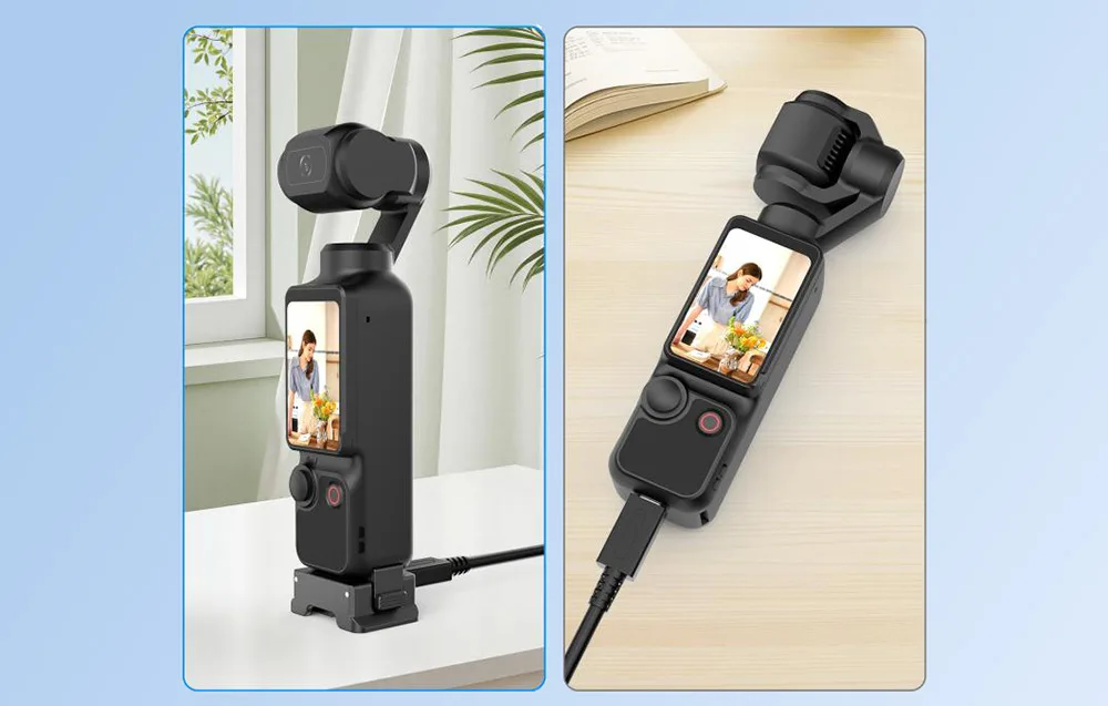 DJI cameras with Puluz adapters connected to USB cables for charging