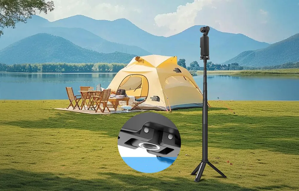 DJI camera with Puluz adapter mounted on a tripod at an outdoor campsite