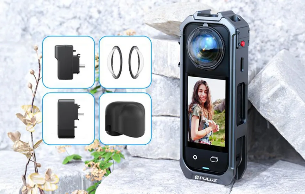 Insta360 X5 next to accessories including charger, filters, and lens cover on a stone surface