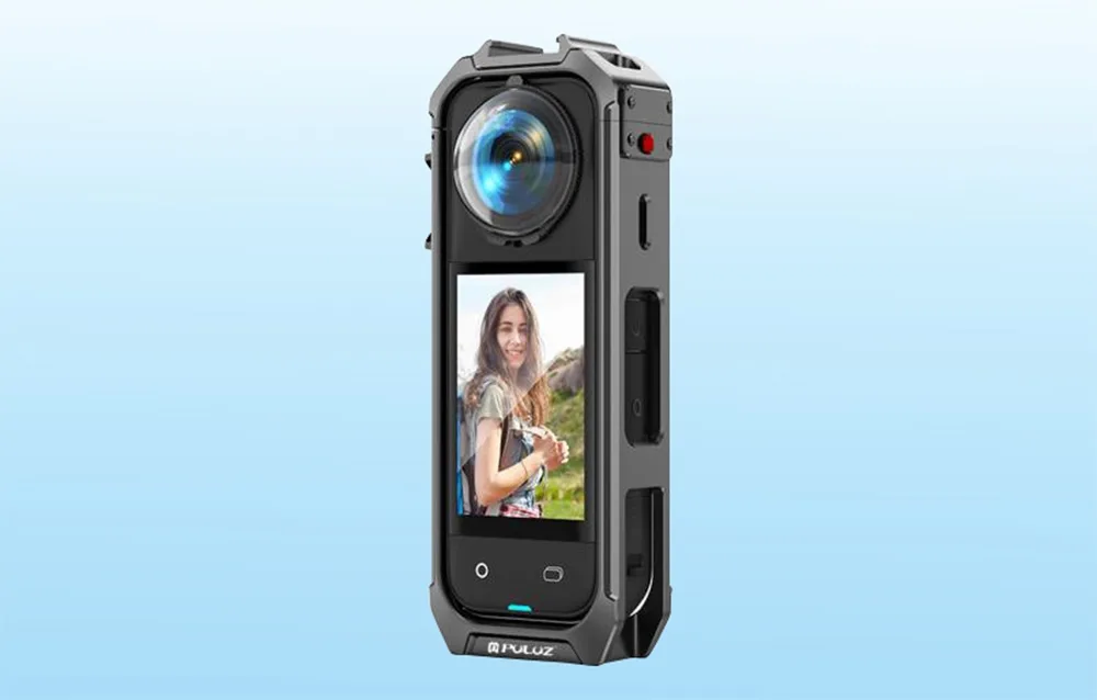 Insta360 X5 camera mounted in the PULUZ protective cage with touchscreen visible