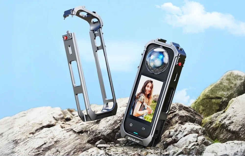 PULUZ metal protective cage for Insta360 X5 shown in two parts above rocks against the sky