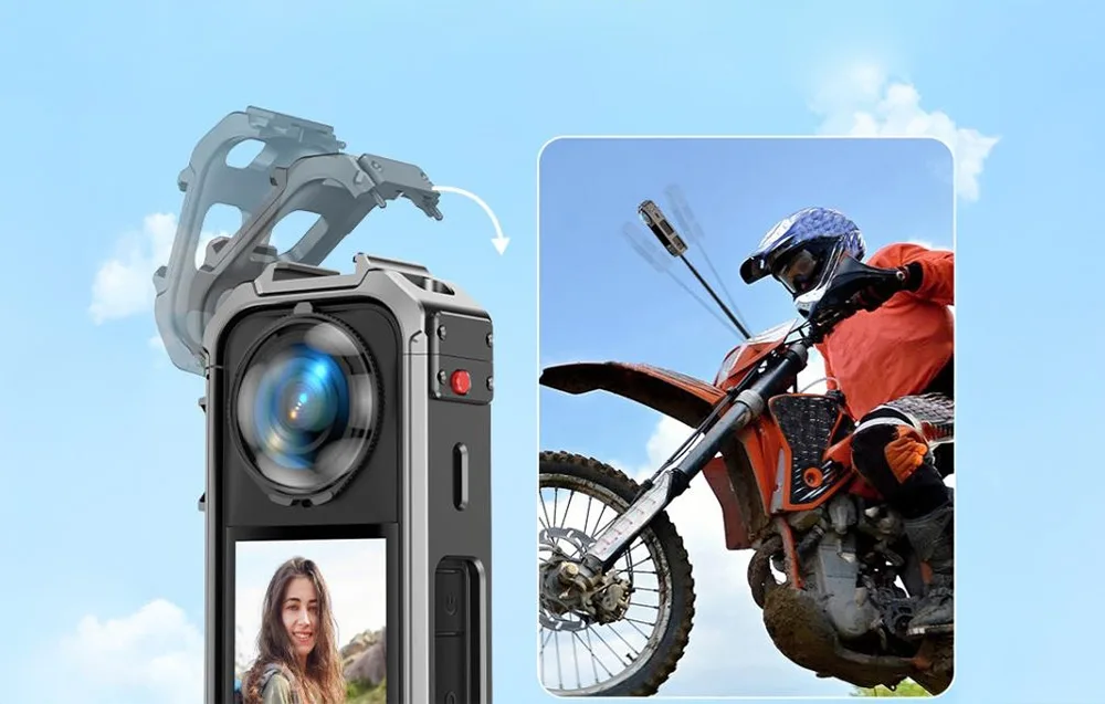 Insta360 X5 in the PULUZ protective cage with open top section and an action riding scene