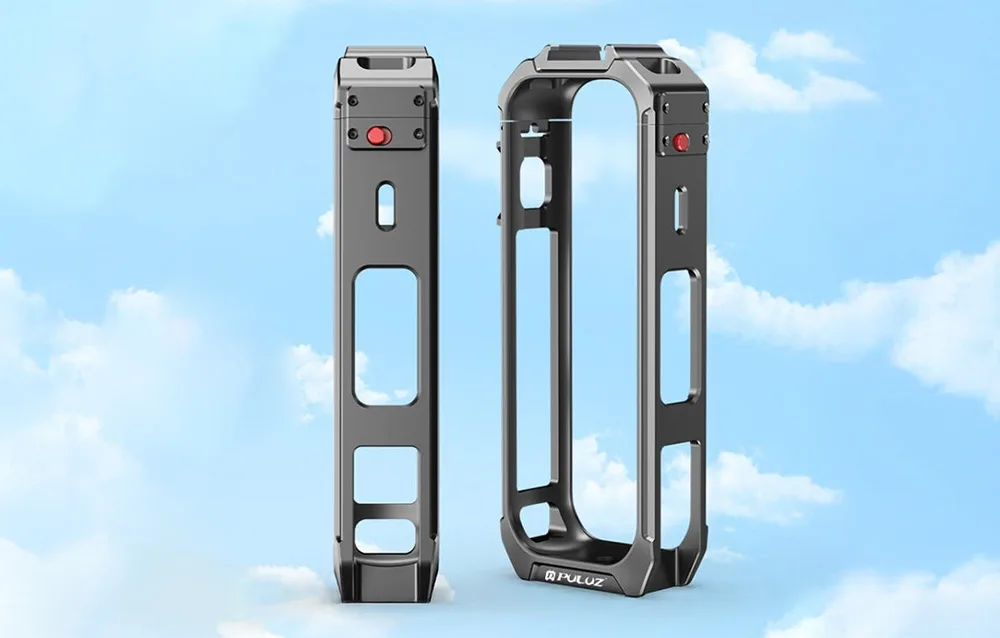 Front and rear view of the PULUZ metal protective cage for Insta360 X5 on a light background