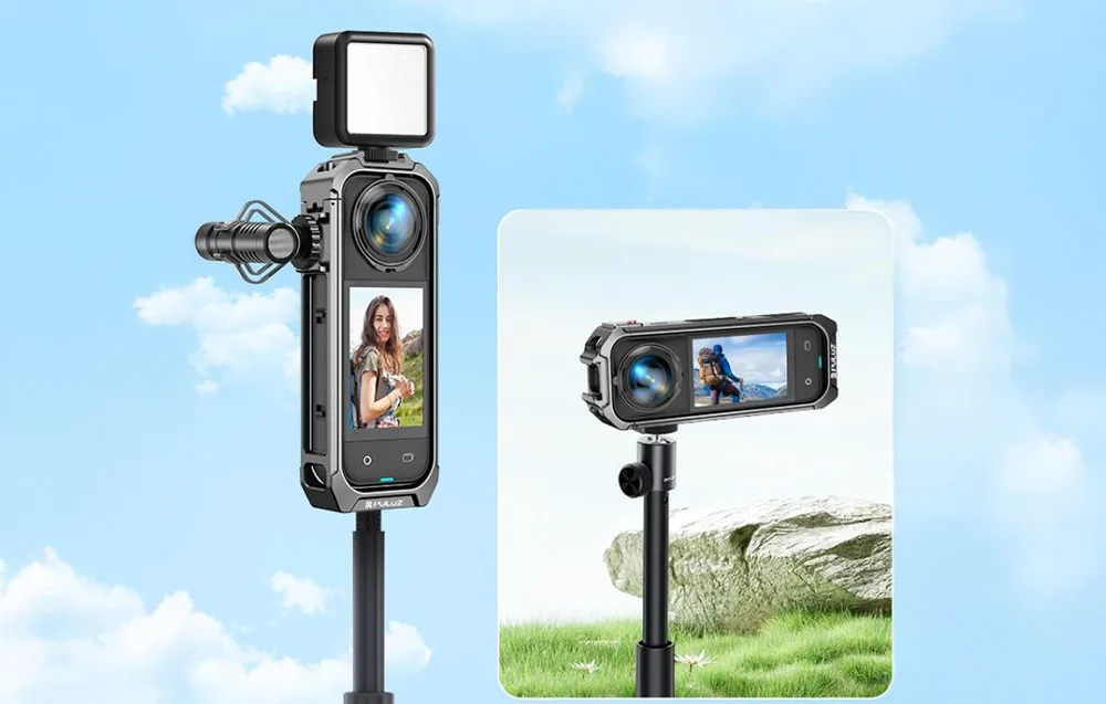 Insta360 X5 mounted in the PULUZ protective cage on a tripod with additional light and microphone