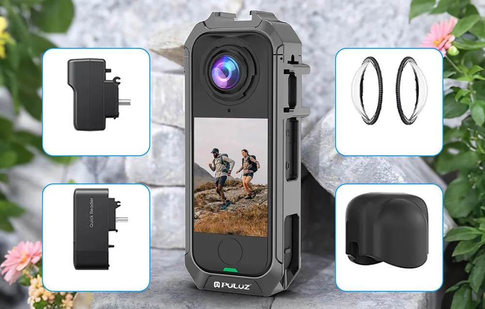 Insta360 X4 Air in the Puluz metal protective case shown with additional accessories