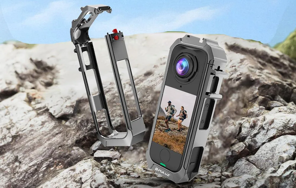Puluz metal protective case for Insta360 X4 Air on a camera next to a second case on a light rock